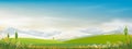 Spring Background with Green Grass Field Landscape with Mountain,Blue Sky and Clouds,Panorama Summer rural nature in with grass Royalty Free Stock Photo