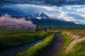 Spring background in with mountain and blooming pink sakuras. Generative ai illustration.