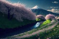 Spring background in with mountain and blooming pink sakuras. Generative ai illustration.