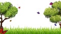 Spring background. Realistic green grass meadow, tree and flying butterfly. Easter, blooming season vector banner Royalty Free Stock Photo