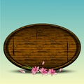 Spring background with realistic wooden round shape sign and apple flowers, colorful banner for easter sale and spring events. Ve