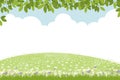 Spring background with rural grass field landscape, green leaves border on blue sky background,Vector cute cartoon for Easter with