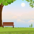 Spring background rural landscape, wooden bench on green grass field with cloud and blue sky in morning, Vector cartoon nature Royalty Free Stock Photo