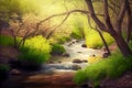 Spring background stream in the forest. Generative AI, Generative, AI Royalty Free Stock Photo