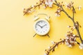 Spring background table. May flowers and April floral nature with alarm clock on yellow. For banner, branches of Royalty Free Stock Photo