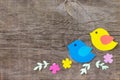 Spring background. Two birds and spring flowers on a wooden background. Craft for kids. Copy space. Royalty Free Stock Photo