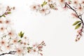 Spring background with white blossoms on white background. Spring cherry flowers as a natural border. AI generative Royalty Free Stock Photo