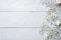 Spring background. White rustic flowers on blue wooden table. Banner mockup for womans or mother day, happy easter, spring holiday Royalty Free Stock Photo