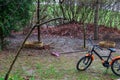 Backyard, young green grass, in the background yellow last year`s foliage and a rake for collecting foliage, children`s two-wheele Royalty Free Stock Photo