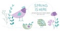 Spring banner with bird or chicken, chick, flowers, floral in pastel colors and tartan pattern. The vector illustration