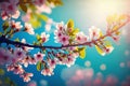 Cherry blooming. Spring blossom tree pink flowers and abstract background with bokeh sunlights, Generative AI Royalty Free Stock Photo