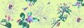 Spring banner with flowering apple tree branches, bees and ladybirds Royalty Free Stock Photo