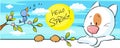 Spring banner with singing bird and cat and flower blossom - vector Royalty Free Stock Photo