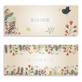 Spring banners with hand drawn plants and cute bird flying Royalty Free Stock Photo