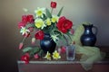 Spring flowers in a bouquet.Still life with tulips and daffodils in a vase Royalty Free Stock Photo