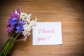 Spring beautiful flowers of a hyacinth with a thank you card Royalty Free Stock Photo