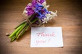 Spring beautiful flowers of a hyacinth with a thank you card Royalty Free Stock Photo