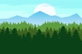 Spring beautiful landscape, forest, silhouettes of tree, green color of foliage. Panorama, horizon, nature. Vector