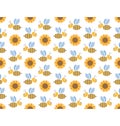 Spring bees and sunflowers seamless pattern isolated on white