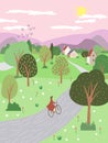 Spring bicycle trip. Hello spring concept. Landscape with a cute cycling on the road. Spring landscape with blooming