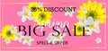 Spring is a big sale. Advertising horizontal banner. Advertising billboard. Bright design with flowers and confetti