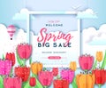 Spring big sale poster with full blossom tulips. Spring flowers paper design Royalty Free Stock Photo