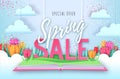 Spring big sale poster with full blossom tulips. Spring flowers paper design Royalty Free Stock Photo