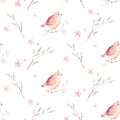 Spring bird seamless pattern on blooming branch with green leaves and flowers. Watercolor wallpaper backgraund wedding