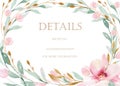 Spring bird on blooming branch with green leaves and flowers. Watercolor wedding invitation card blossom painting. Hand