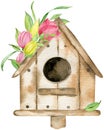Spring bird house with pink and yellow flowers. Watercolor hand-drawn illustration. Easter card