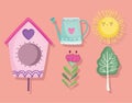 spring bird house tree sun flower and watering can set Royalty Free Stock Photo