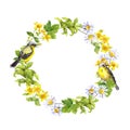 Spring Birds, Flowers, Herbs. Floral Vintage Wreath. Retro Watercolor