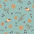 Spring, birds and music. Doodle and cartoon. Seamless pattern. Royalty Free Stock Photo