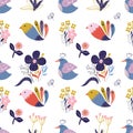 Spring seamless pattern with birds and flowers, folk style design Royalty Free Stock Photo