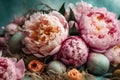 blossom easter peony floral spring summer flower pink holiday egg background. Generative AI.