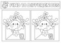 Spring black and white kawaii find differences game. Coloring page with cute chick in envelope with flowers. Garden puzzle for