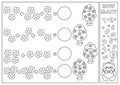 Spring black and white matching game with cute kawaii blossoming trees. Garden math activity for kids. Educational printable