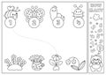 Spring black and white matching game with cute kawaii flowers and insects. Elementary garden math activity for preschool kids.