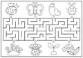 Spring black and white maze for kids. Garden geometrical preschool printable activity with kawaii insects, flowers. Easter holiday