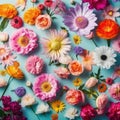 Colorful flowers on blue background top view Royalty Free Stock Photo