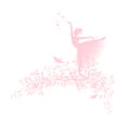 Spring blossom branches with flying swallows and dancing fairy tale princess ballerina vector silhouette