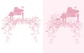 spring blossom branches with flying swallows and grand piano vector silhouette