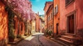 Spring Blossom in the Narrow Streets of a Medieval Town