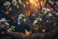 Spring blossoms, butterflies, magical garden, glowing sunset Royalty Free Stock Photo