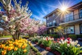 Spring blossoms, colorful tulips, and a home Royalty Free Stock Photo