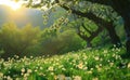 Spring Blossoms and Daisies Adorning a Scenic Meadow at Sunset Royalty Free Stock Photo