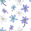 Spring blue flower seamless pattern. blue and lavender colored scilla flowers. Scylla. Botanical pattern for fabric, wrapping