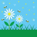 Spring blue sky day with simple white daisy flowers and honey bees kids poster