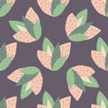 Spring botanic seamless pattern with pink and green leaves on purple background