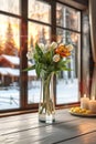 spring bouquet of beautiful flowers in a vase in the warm rays of the sun on the windowsill Royalty Free Stock Photo
